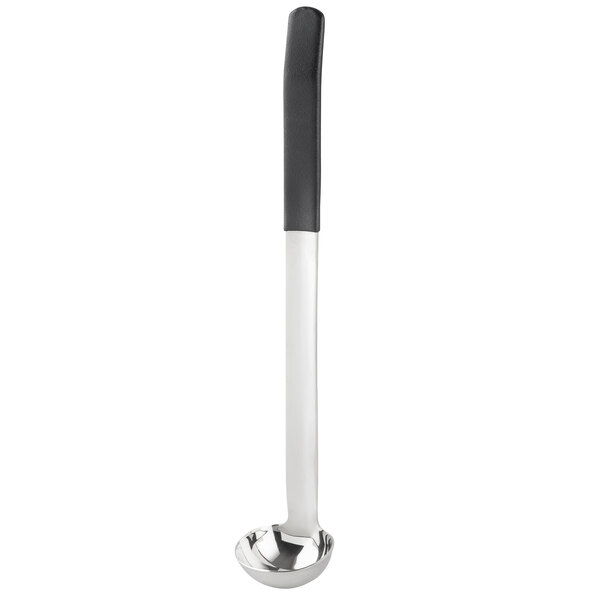 A stainless steel ladle with a black handle.