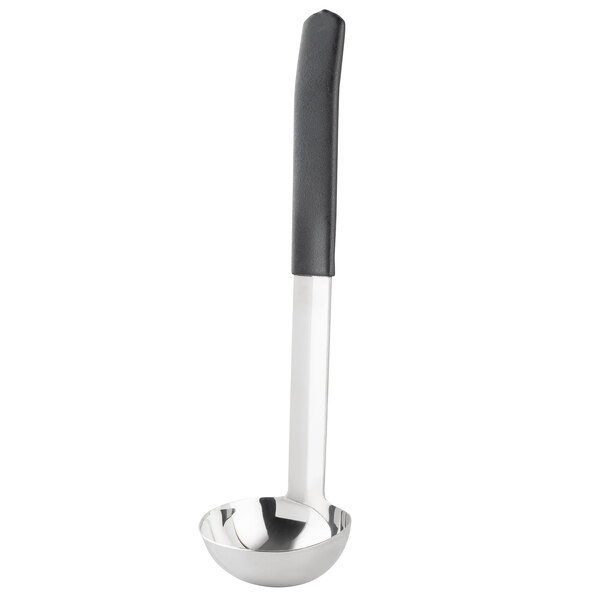 A Tablecraft stainless steel ladle with a black handle.