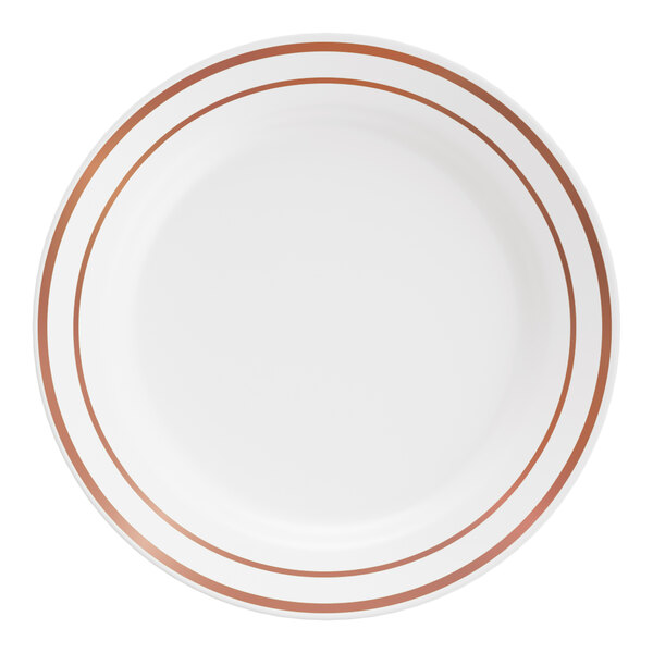 A white plastic plate with two rose gold or copper bands around the rim.