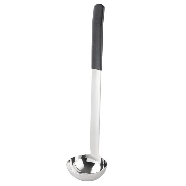 A Tablecraft stainless steel ladle with a black handle.