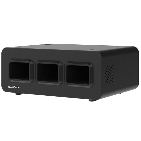 A black rectangular Luxor EdgePower desktop charging station with three holes.