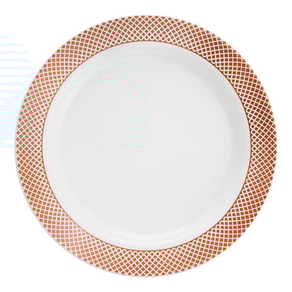 A white plastic plate with a rose gold or copper lattice design around the rim.