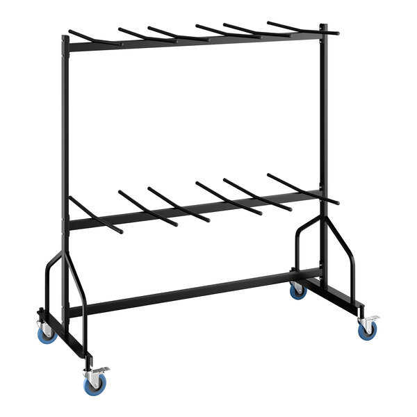 A black metal folding chair dolly with two tiers and four blue caster wheels, designed to hold up to 84 chairs.