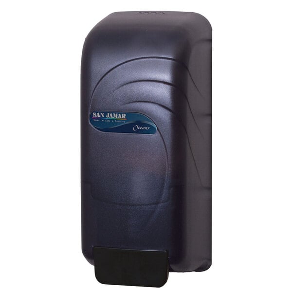 A black San Jamar soap dispenser with a blue label and handle.