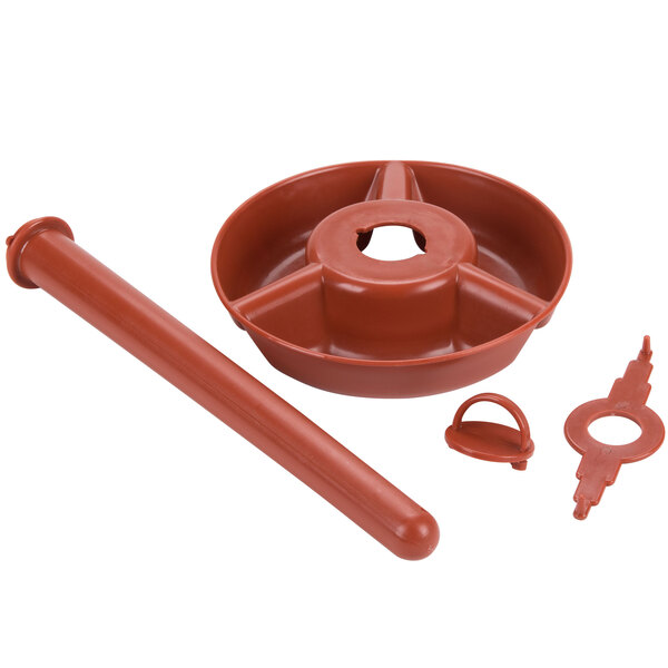 A brown plastic server with a hole and a spoon in a red bowl.