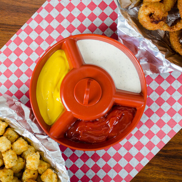 A 14" plastic tray with bowls of fries, tater tots, and dipping sauces.