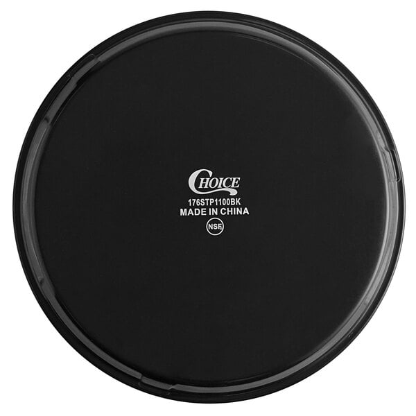 A black circular non-skid serving tray with white text that reads "Cymbal"