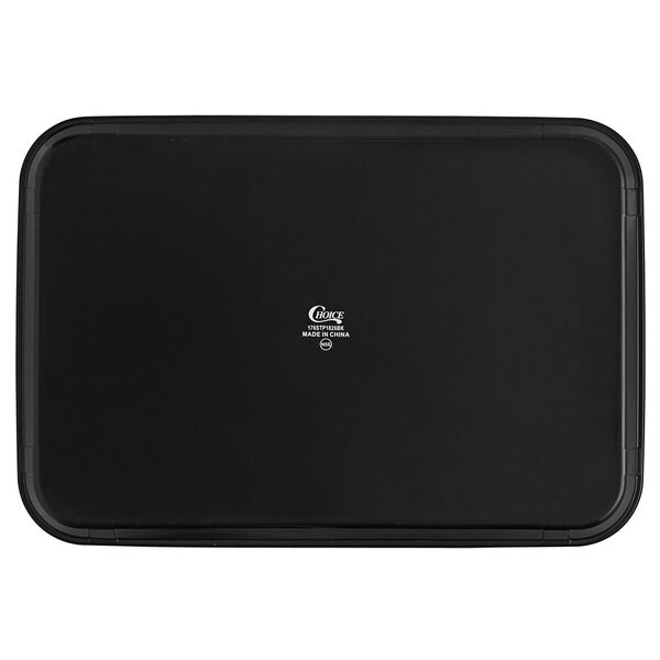 A black rectangular non-skid serving tray with white text on it.