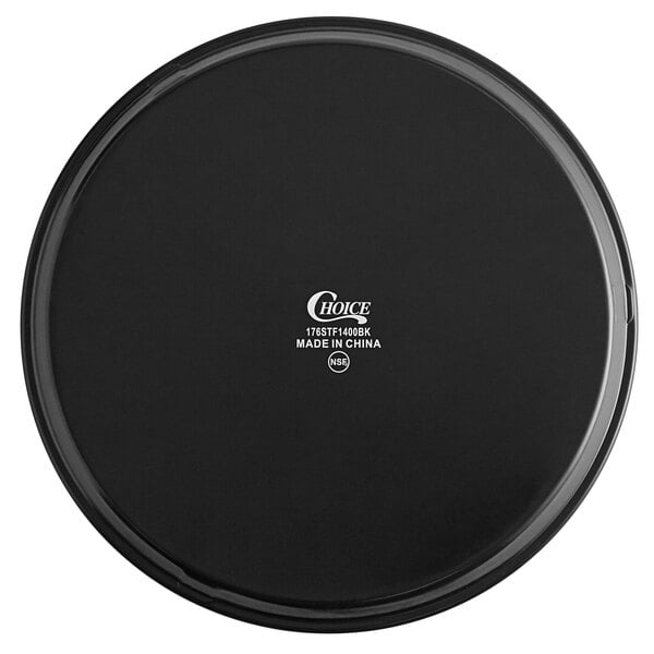 A black round non-skid serving tray with white text on it.