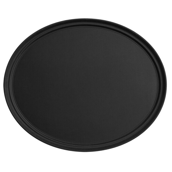 A black oval fiberglass non-skid serving tray with a black rim.