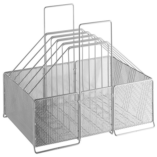 A metal wire basket with four metal racks.