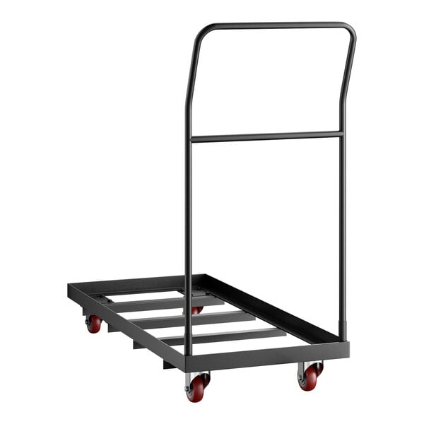 A black metal folding chair dolly with a handle and four red caster wheels, designed to hold 18-36 chairs.