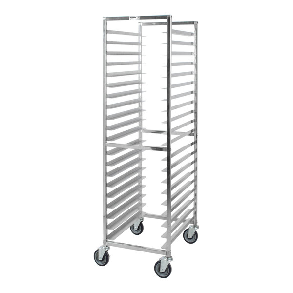 A tall, metal rack with multiple horizontal slots and four caster wheels, designed for holding trays or pans.