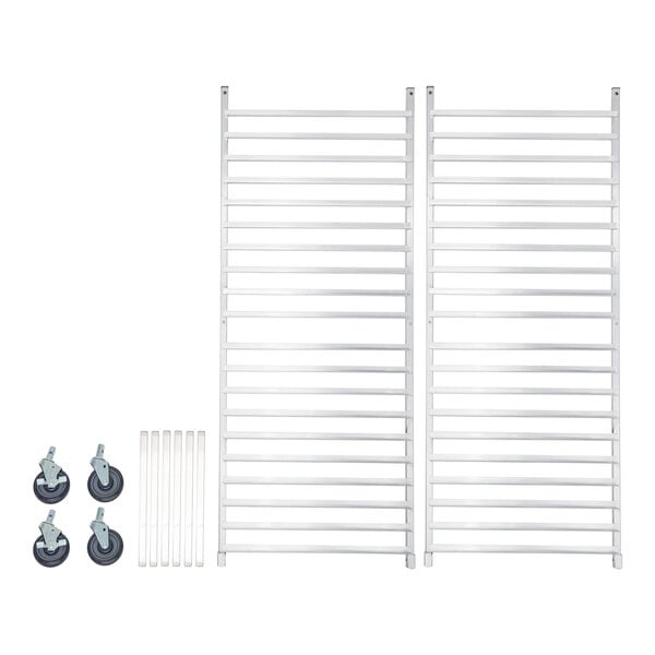 Two metal rack frames, four caster wheels, and several metal rods are laid out on a white background, appearing to be components for assembly.
