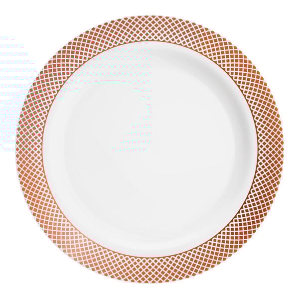 A white plastic plate with a rose gold lattice design around the rim.