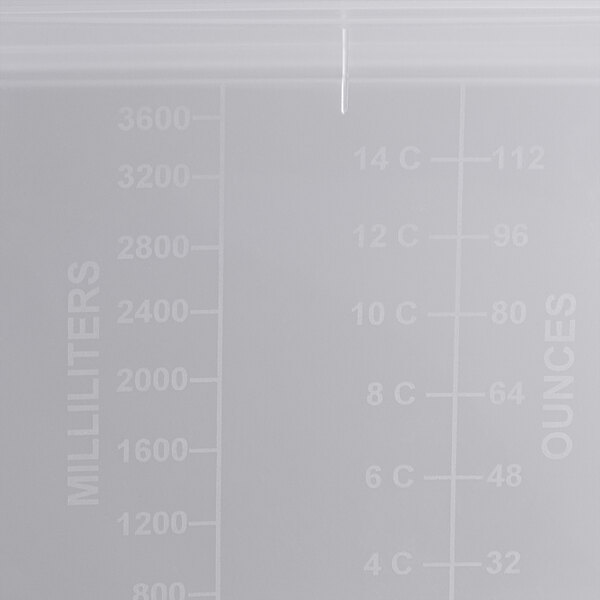 A clear plastic container with white text displaying measurements.