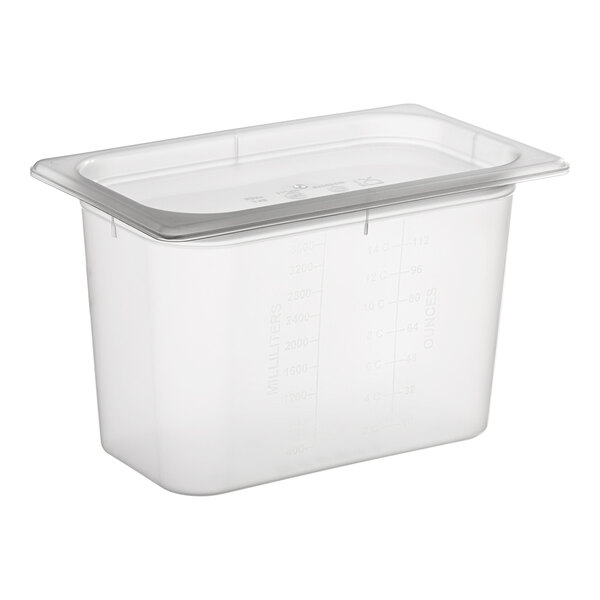 A San Jamar translucent polypropylene food pan with a lid.