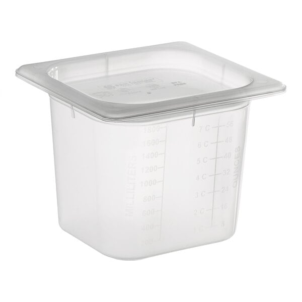 A San Jamar translucent polypropylene plastic food pan with a lid.