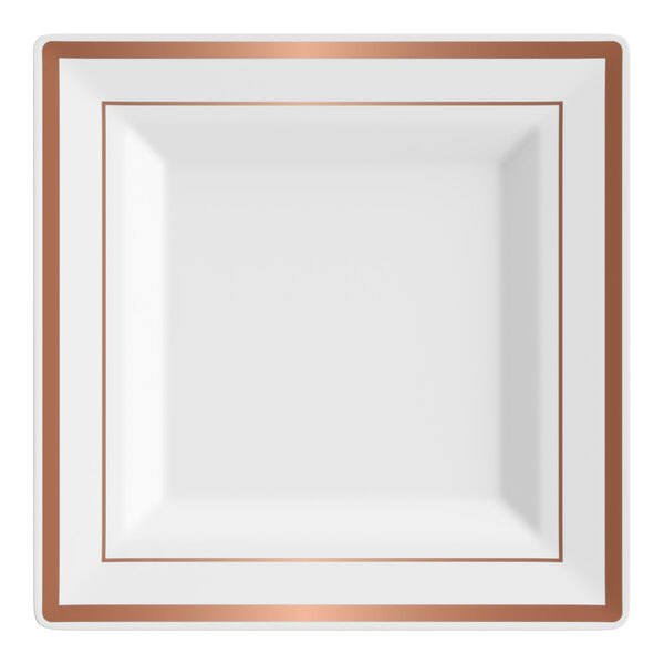 A square white plastic plate with rose gold bands along the border.
