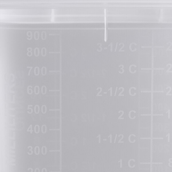 A translucent plastic San Jamar food pan with measurements on it.