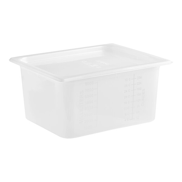 A San Jamar translucent polypropylene plastic food pan with lid.
