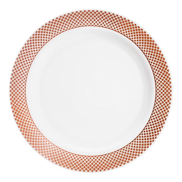 A white plastic plate with a rose gold lattice design around the rim.