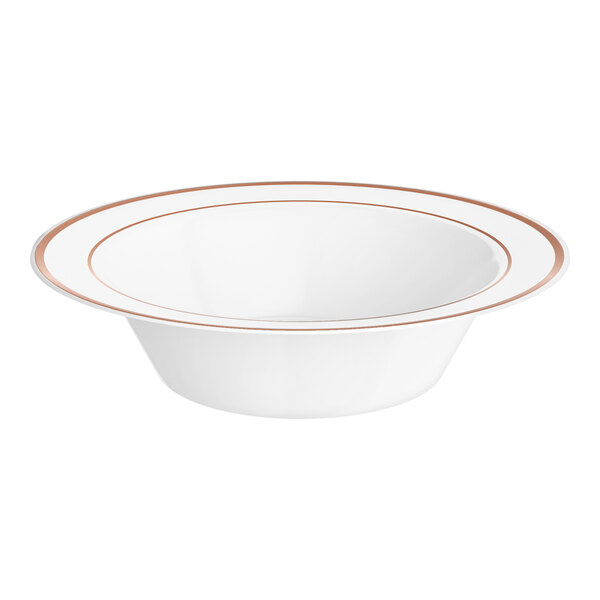 A white plastic bowl with rose gold bands around the rim.