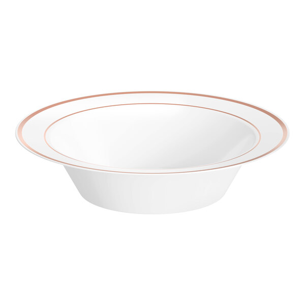 Visions 12 oz. White Plastic Bowl with Rose Gold Bands - 15/Pack