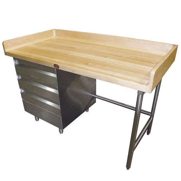 a wooden workbench with metal legs