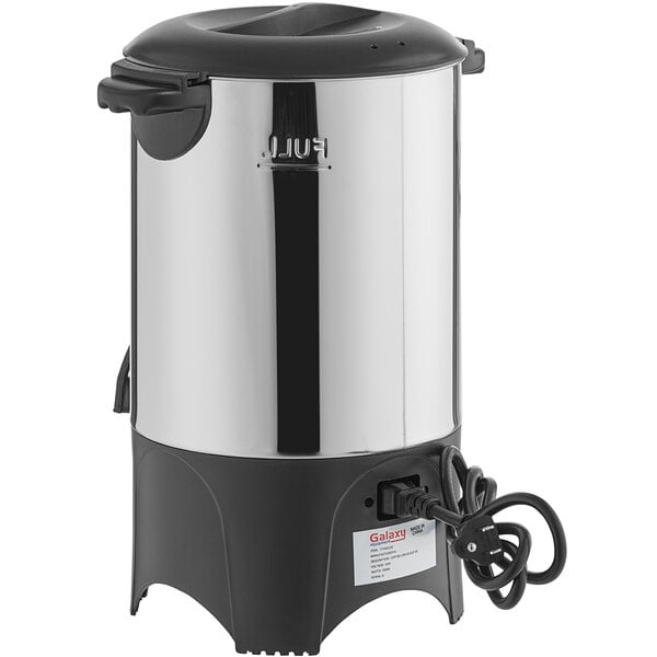 A Galaxy stainless steel coffee urn with a cord.