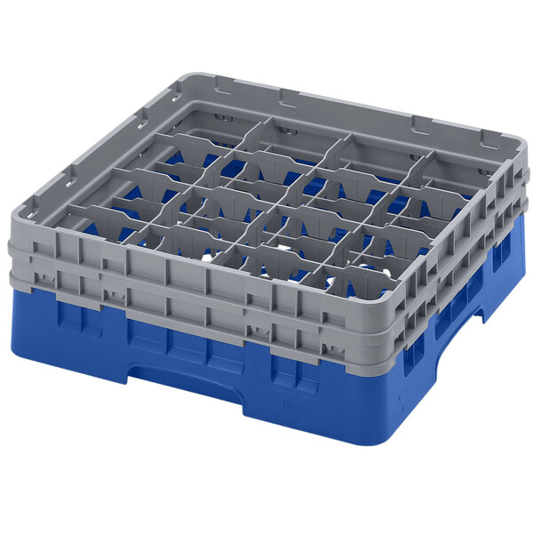 A blue and gray plastic Cambro glass rack with 16 compartments.