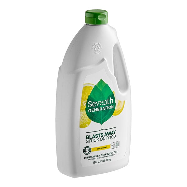 A white plastic bottle of Seventh Generation Lemon Dishwasher Detergent Gel with a green label.