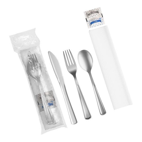 Visions Classic Individually Wrapped Heavy Weight Silver Plastic Cutlery Set with Napkin and Salt and Pepper Packets - 100/Case