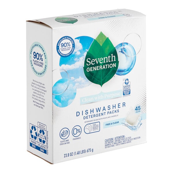 A white box of Seventh Generation Free & Clear dishwasher detergent packs with blue and white labels.