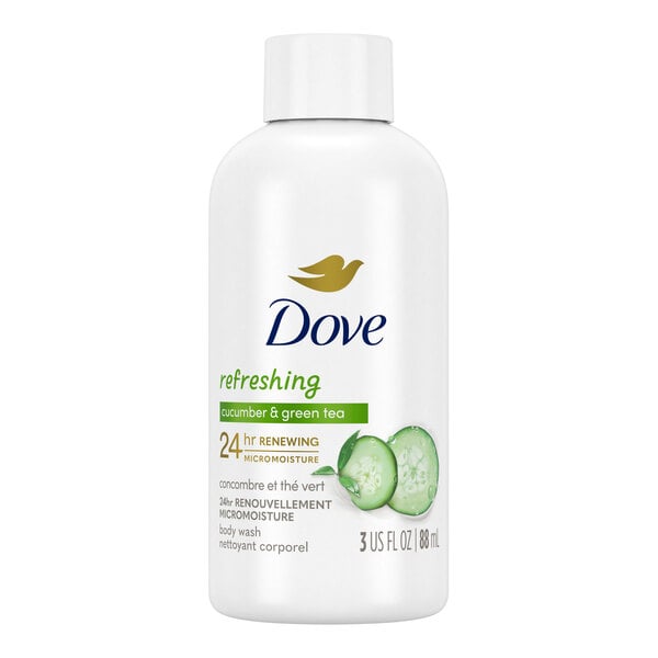 A case of 24 white Dove body wash bottles with green and green text labels.