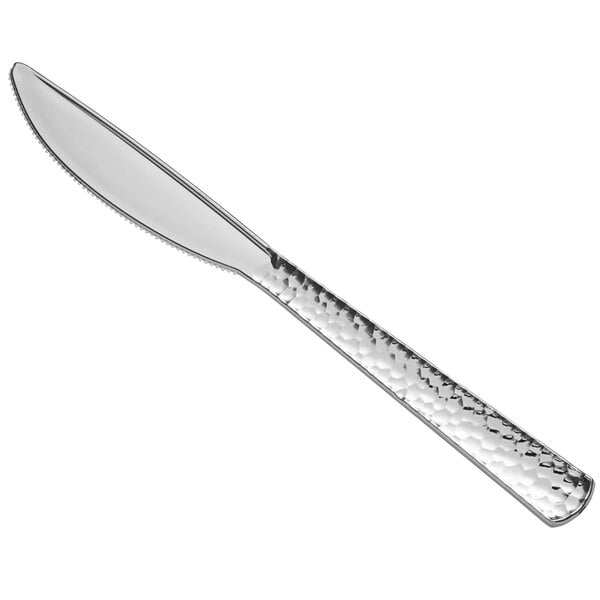 A Visions silver plastic knife with a handle.