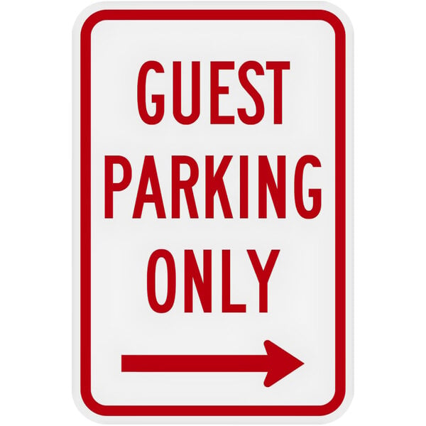 A Lavex red aluminum composite parking lot sign with white text reading "Guest Parking Only" and a right arrow pointing to the right.