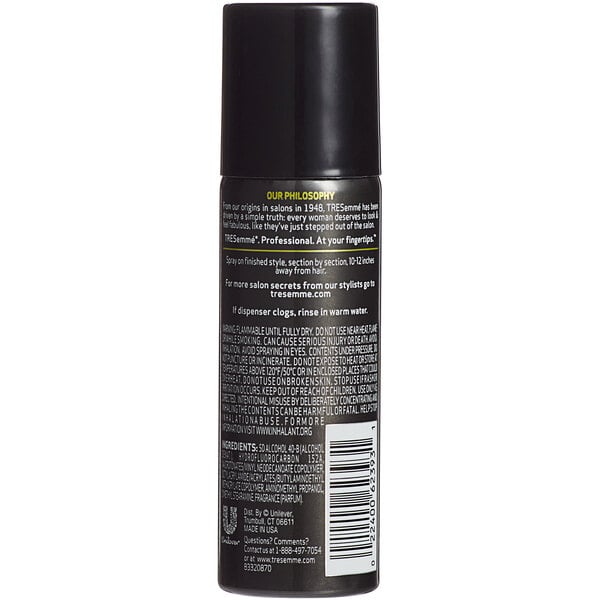 A black can of TRESemme Tres Two Extra Hold Aerosol Hair Spray with white text.