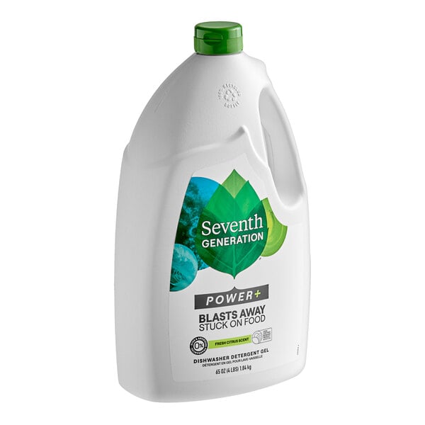A white bottle of Seventh Generation Ultra Power Plus Citrus Dishwasher Detergent Gel with a green label.