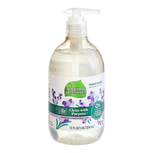 A bottle of Seventh Generation lavender hand soap with a white label.