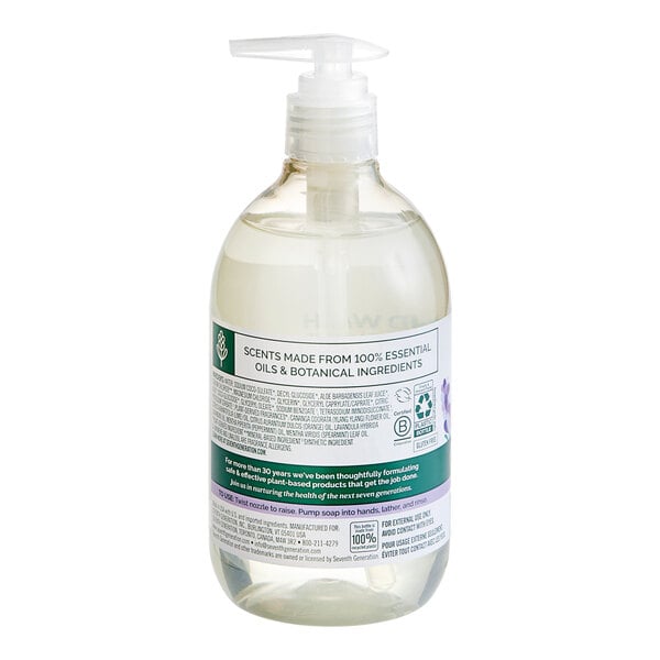 A case of eight Seventh Generation Lavender Flower & Mint hand soap bottles on a counter.