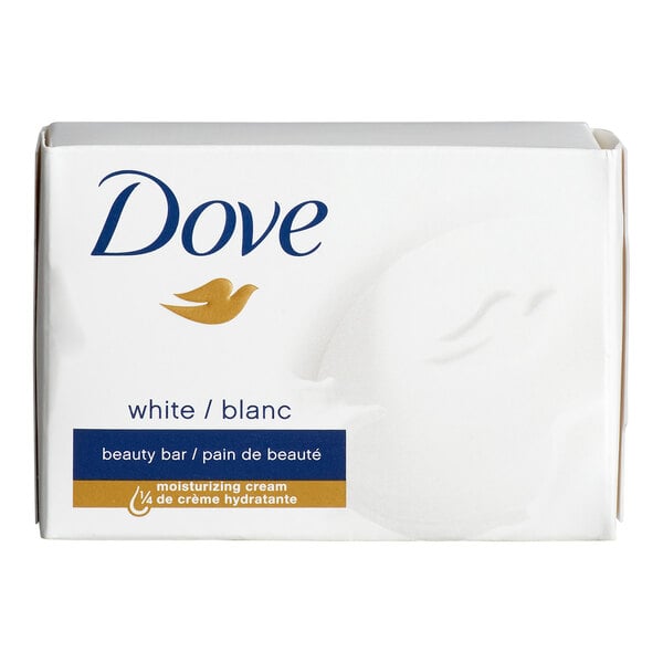 A rectangular white box with the Dove logo, a gold dove icon, and text indicating it is a white beauty bar with moisturizing cream.