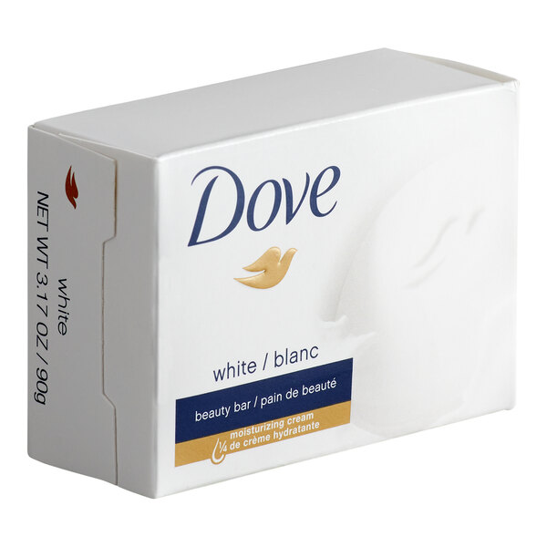 A rectangular white box labeled 'Dove' with blue and gold accents, containing a 3.17 oz. beauty bar soap.