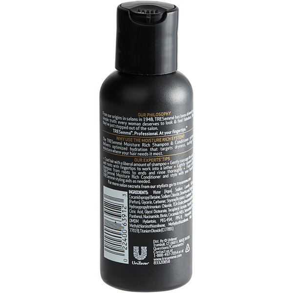 A black TRESemme shampoo bottle with white text.