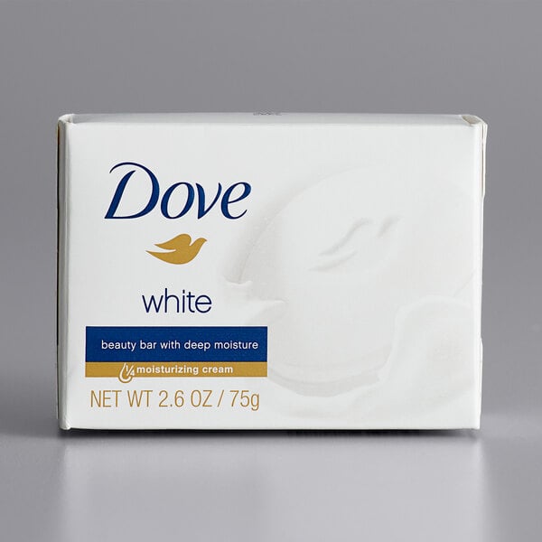 A white Dove bar soap box with blue and gold text and a logo.