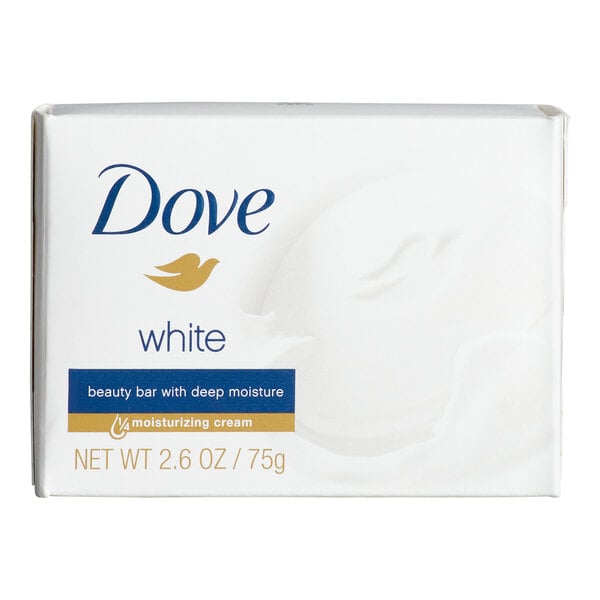 A rectangular white box labeled 'Dove white' with blue and gold accents and text indicating it is a beauty bar with deep moisture and moisturizing cream, weighing 2.6 oz (75g).