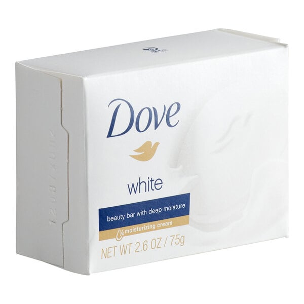 A white rectangular box labeled 'Dove white' with blue and gold accents, containing a beauty bar soap.