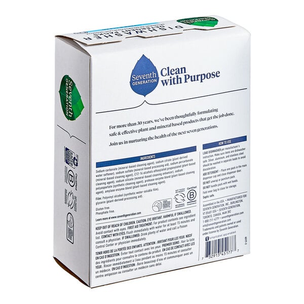 A box of Seventh Generation Free & Clear dishwasher detergent packs.