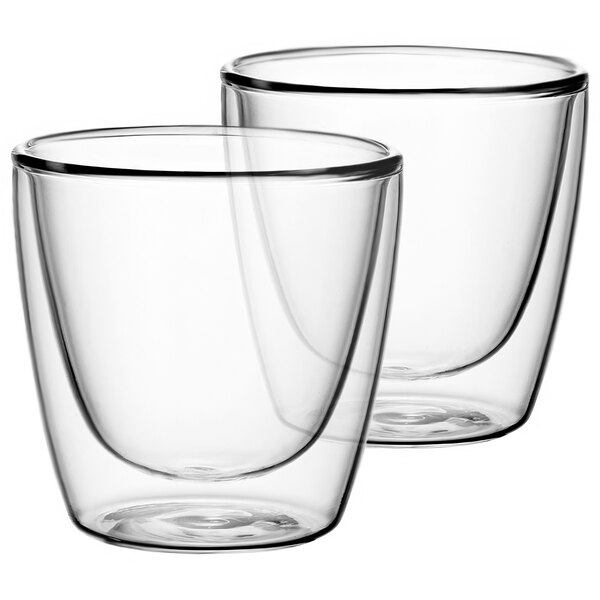 Two Villeroy & Boch Artesano Barista double wall glass cups on a white background.