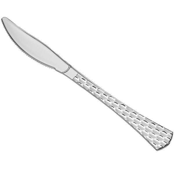 A Visions silver plastic knife with a handle.